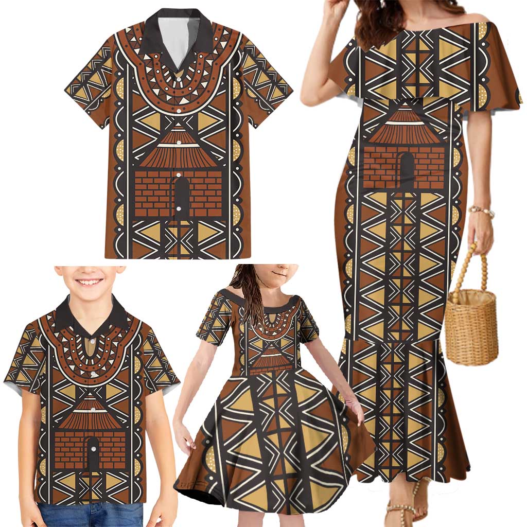 Mali Mud Cloth African Village Family Matching Mermaid Dress and Hawaiian Shirt Ethnic Geometry Style - Wonder Print Shop