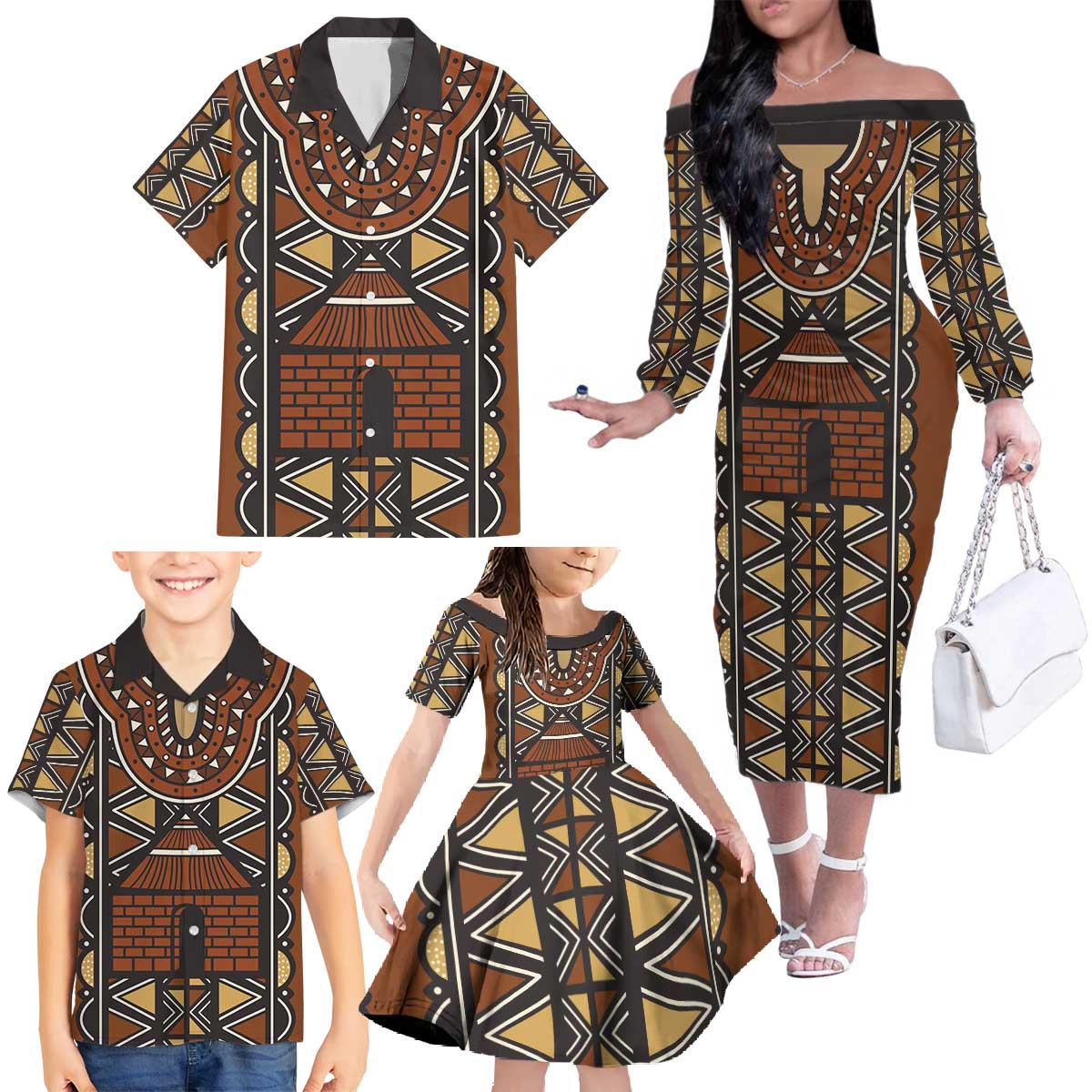 Mali Mud Cloth African Village Family Matching Off The Shoulder Long Sleeve Dress and Hawaiian Shirt Ethnic Geometry Style - Wonder Print Shop