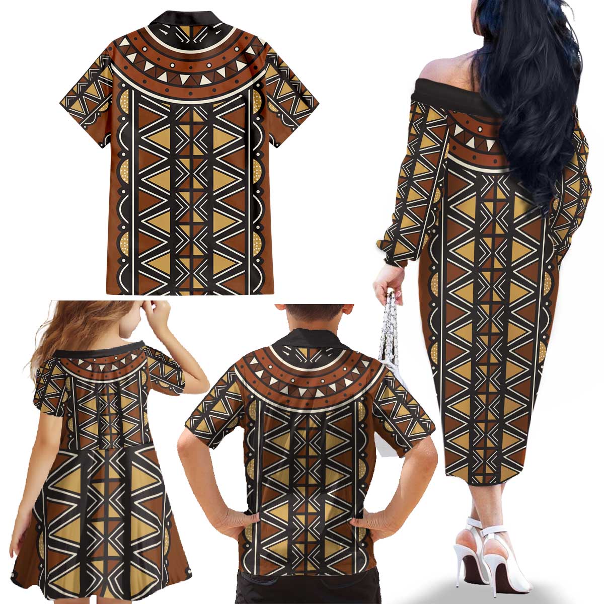 Mali Mud Cloth African Village Family Matching Off The Shoulder Long Sleeve Dress and Hawaiian Shirt Ethnic Geometry Style - Wonder Print Shop