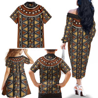Mali Mud Cloth African Village Family Matching Off The Shoulder Long Sleeve Dress and Hawaiian Shirt Ethnic Geometry Style - Wonder Print Shop