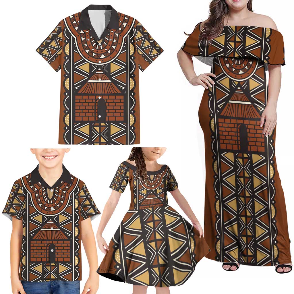 Mali Mud Cloth African Village Family Matching Off Shoulder Maxi Dress and Hawaiian Shirt Ethnic Geometry Style - Wonder Print Shop