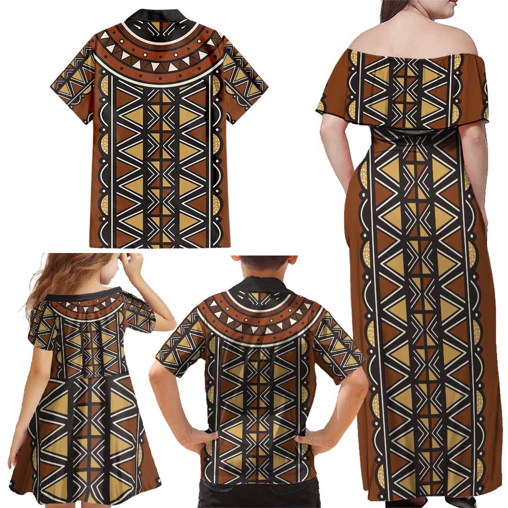 Mali Mud Cloth African Village Family Matching Off Shoulder Maxi Dress and Hawaiian Shirt Ethnic Geometry Style - Wonder Print Shop