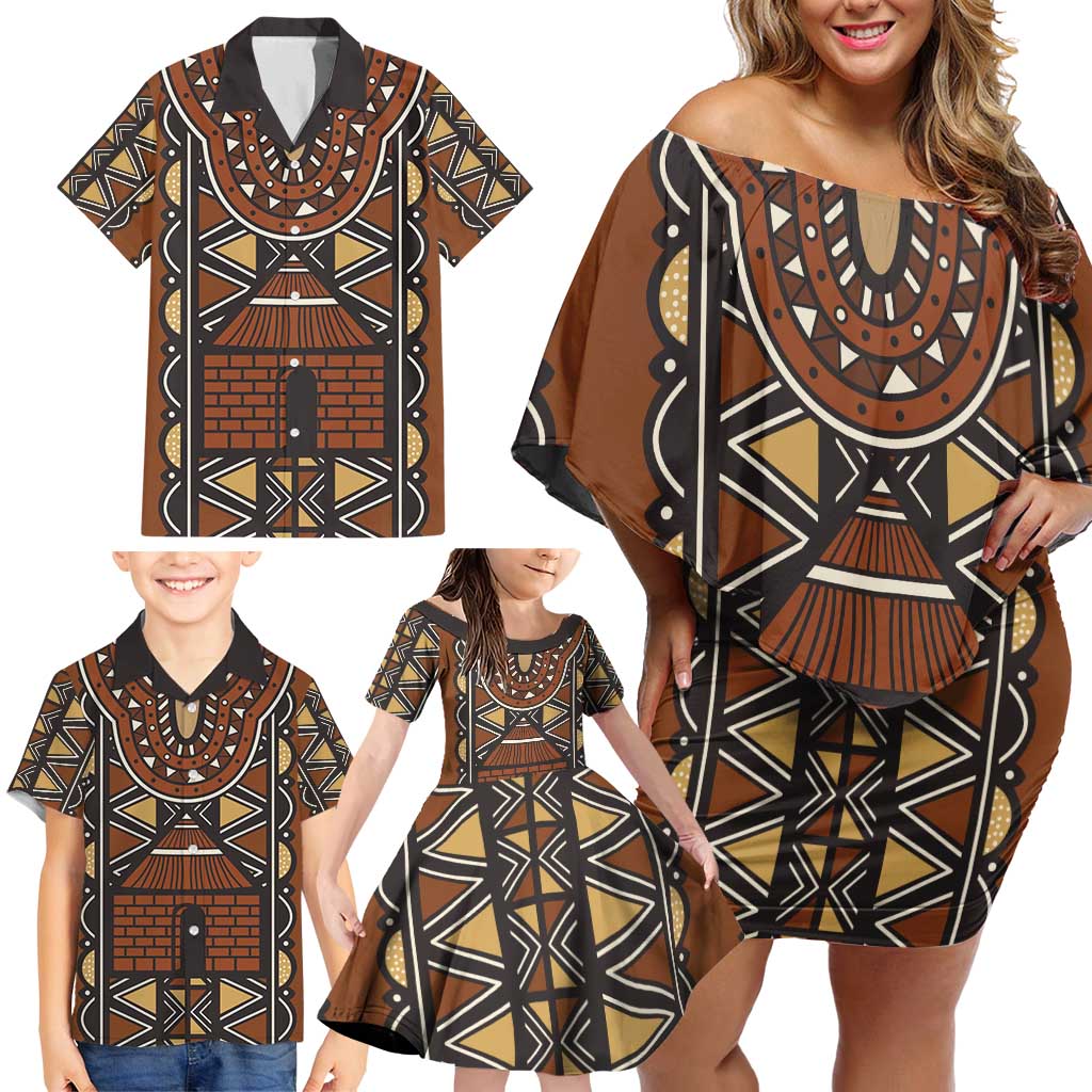 Mali Mud Cloth African Village Family Matching Off Shoulder Short Dress and Hawaiian Shirt Ethnic Geometry Style - Wonder Print Shop