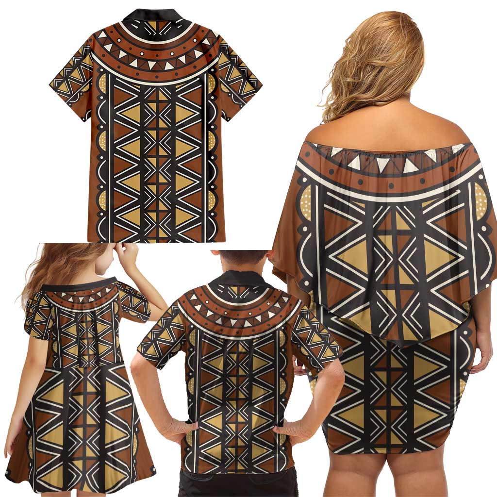 Mali Mud Cloth African Village Family Matching Off Shoulder Short Dress and Hawaiian Shirt Ethnic Geometry Style - Wonder Print Shop