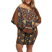 Mali Mud Cloth African Village Family Matching Off Shoulder Short Dress and Hawaiian Shirt Ethnic Geometry Style - Wonder Print Shop