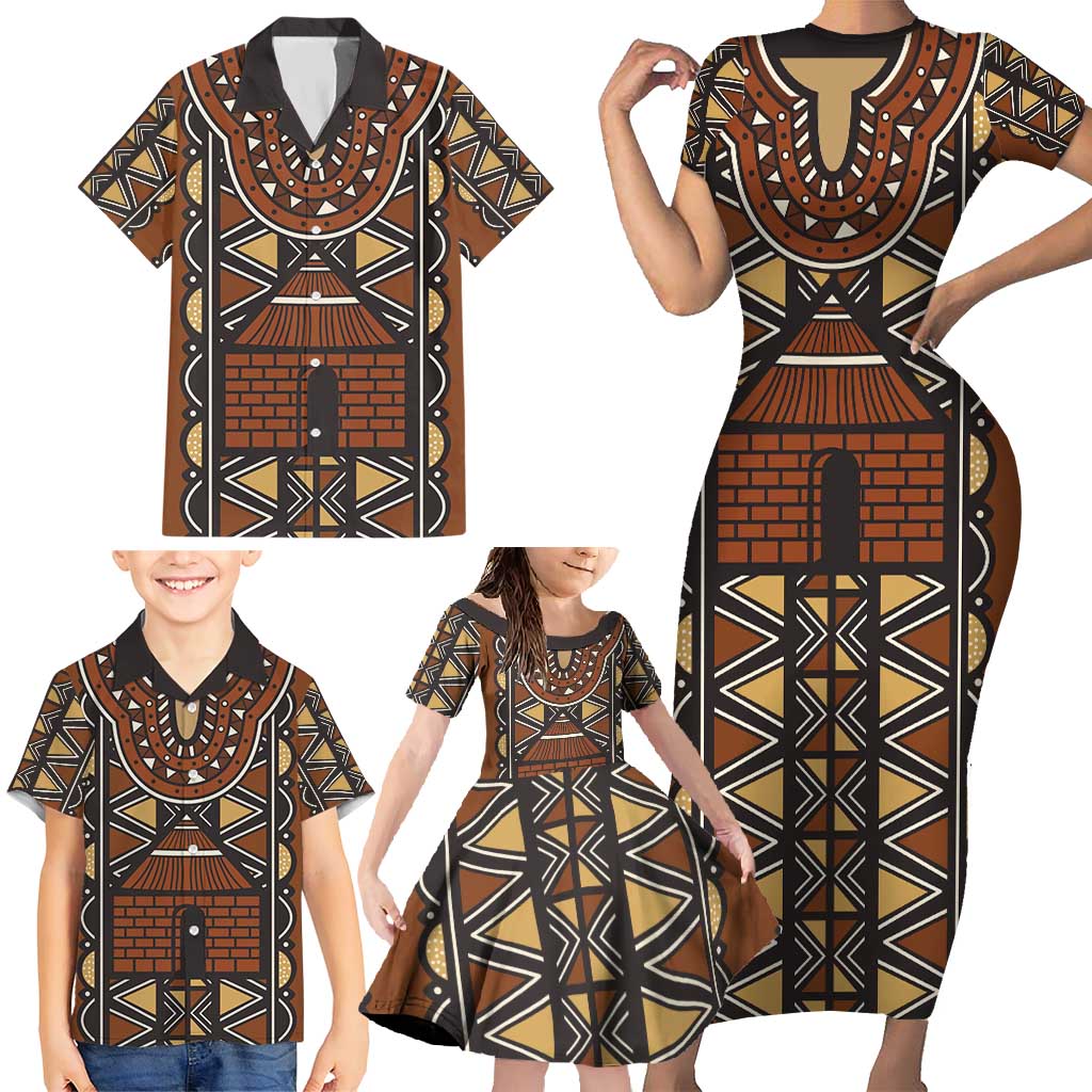 Mali Mud Cloth African Village Family Matching Short Sleeve Bodycon Dress and Hawaiian Shirt Ethnic Geometry Style - Wonder Print Shop