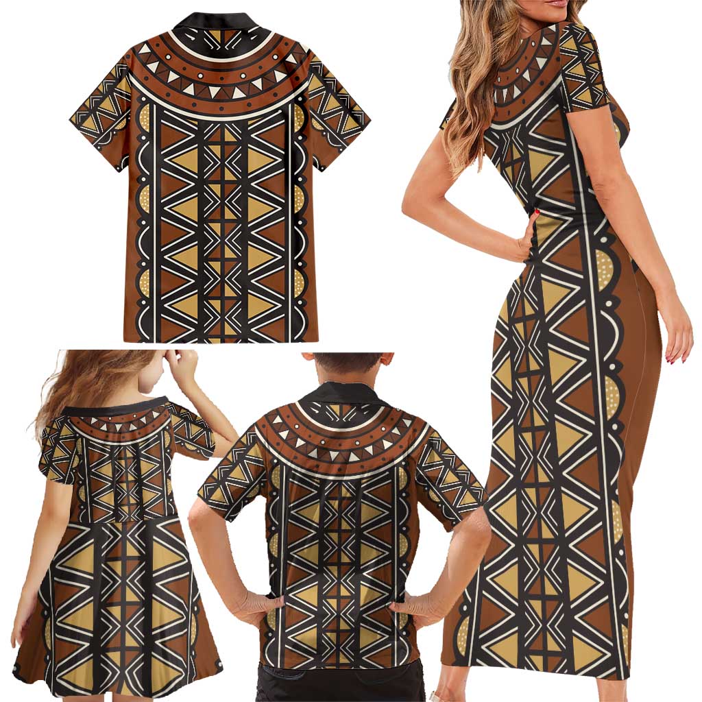 Mali Mud Cloth African Village Family Matching Short Sleeve Bodycon Dress and Hawaiian Shirt Ethnic Geometry Style - Wonder Print Shop