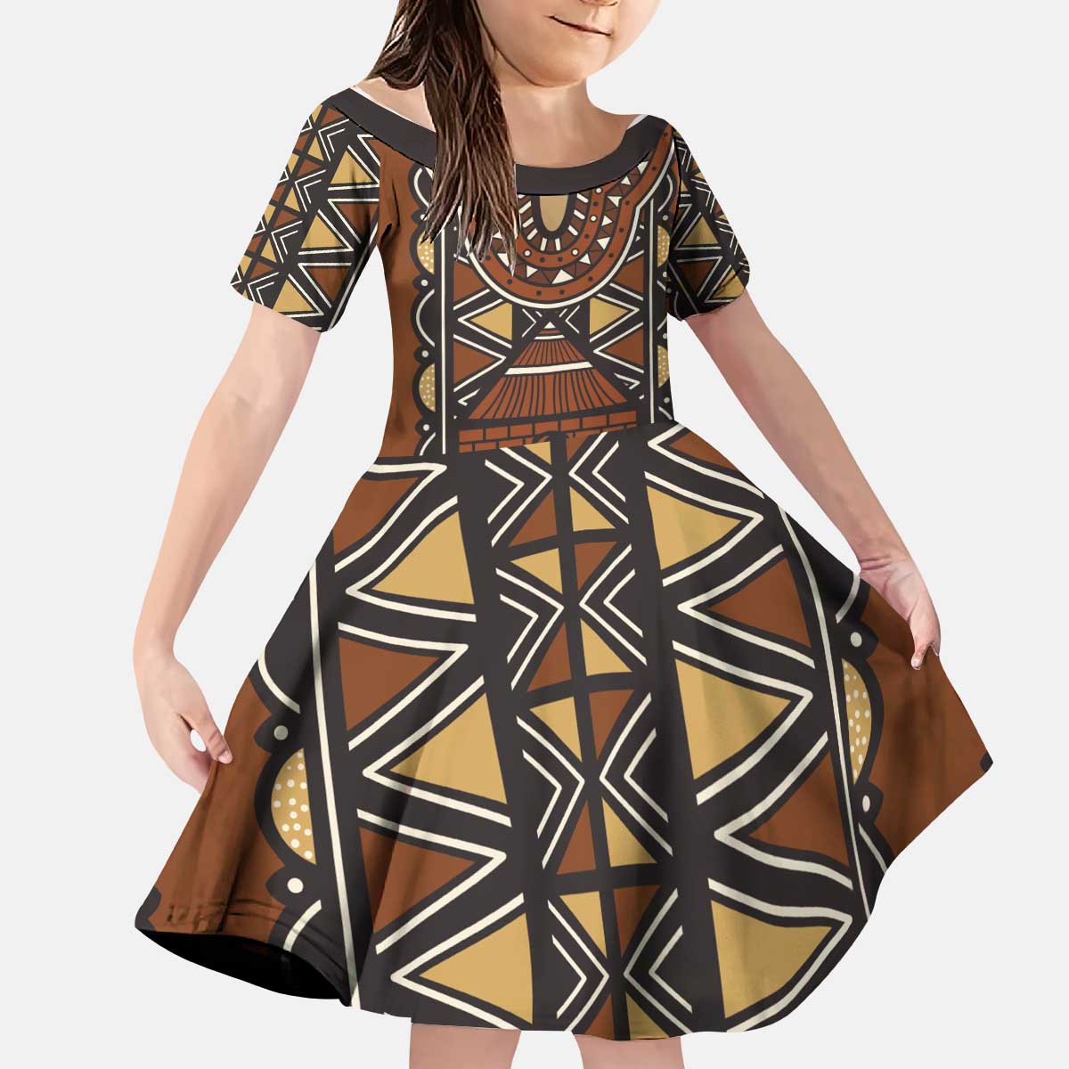 Mali Mud Cloth African Village Kid Short Sleeve Dress Ethnic Geometry Style - Wonder Print Shop