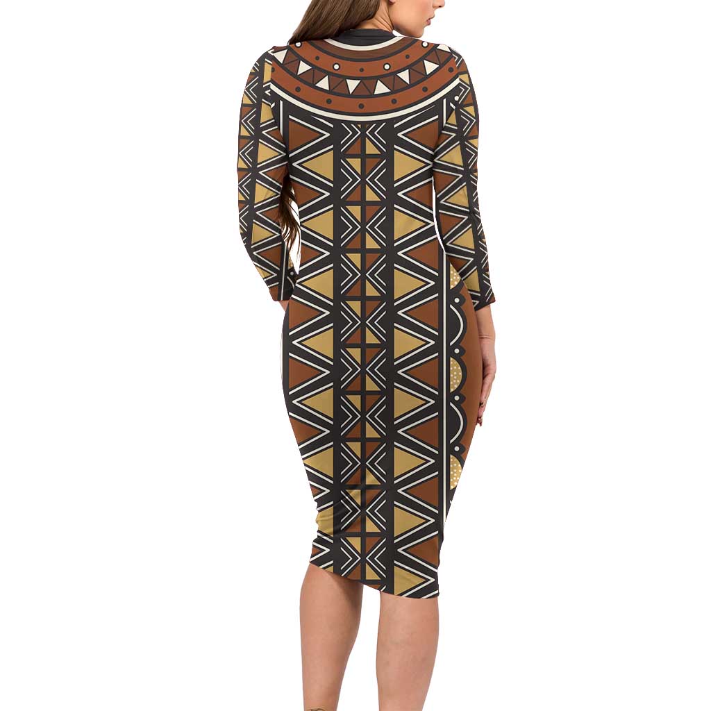Mali Mud Cloth African Village Long Sleeve Bodycon Dress Ethnic Geometry Style - Wonder Print Shop