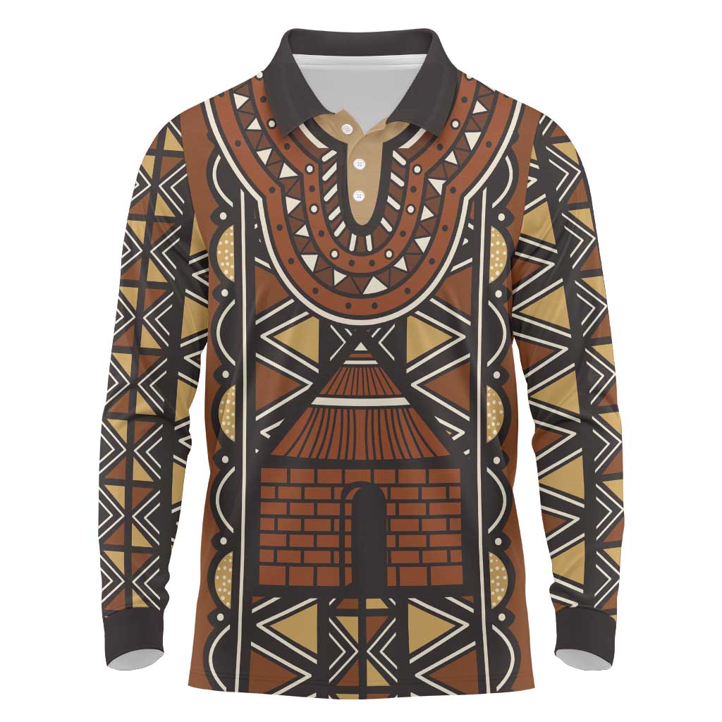 Mali Mud Cloth African Village Long Sleeve Polo Shirt Ethnic Geometry Style - Wonder Print Shop