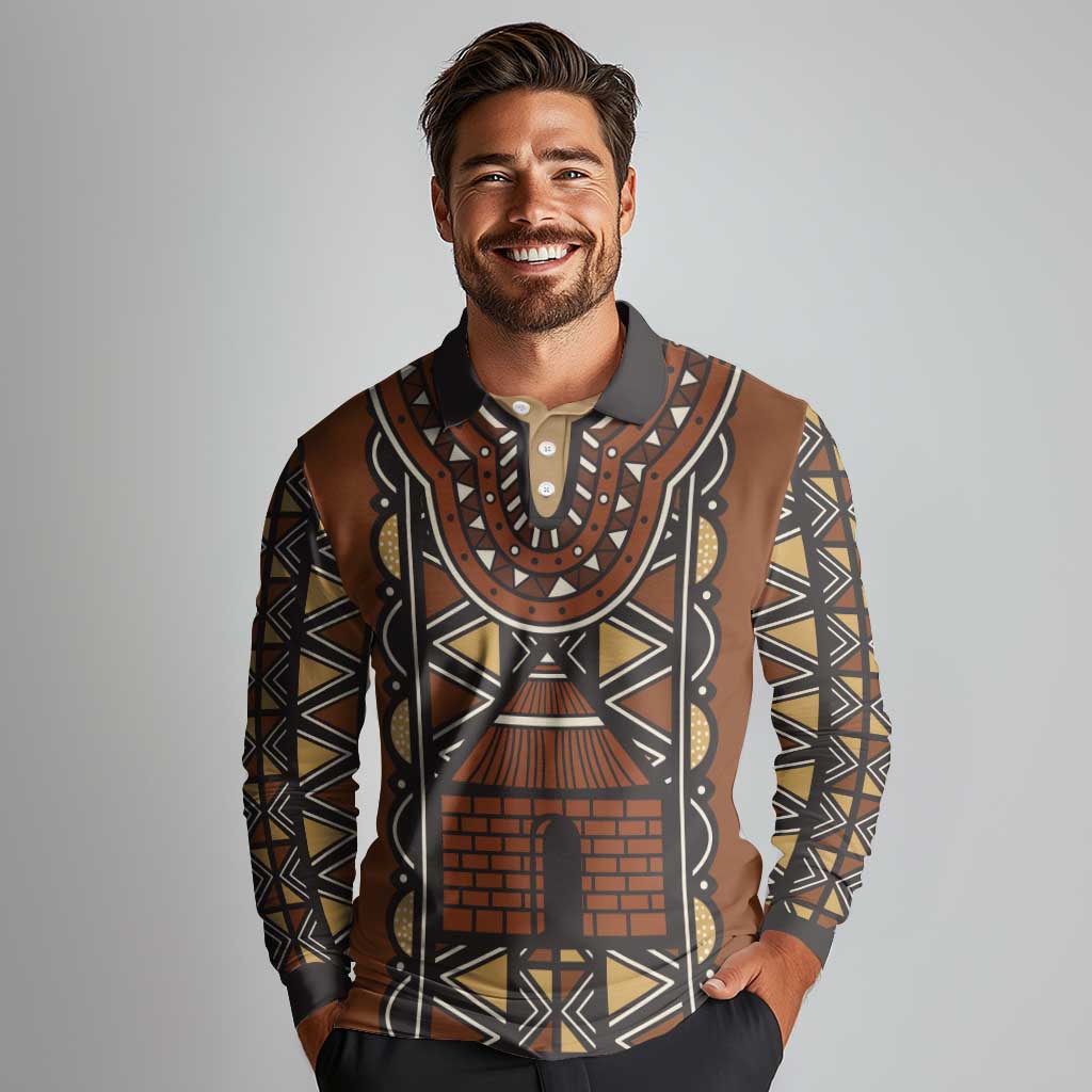 Mali Mud Cloth African Village Long Sleeve Polo Shirt Ethnic Geometry Style - Wonder Print Shop