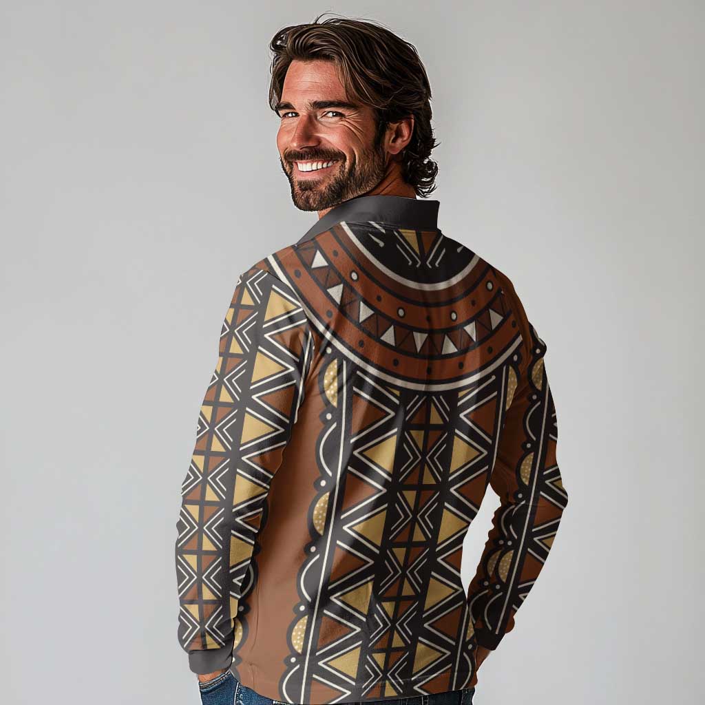 Mali Mud Cloth African Village Long Sleeve Polo Shirt Ethnic Geometry Style - Wonder Print Shop
