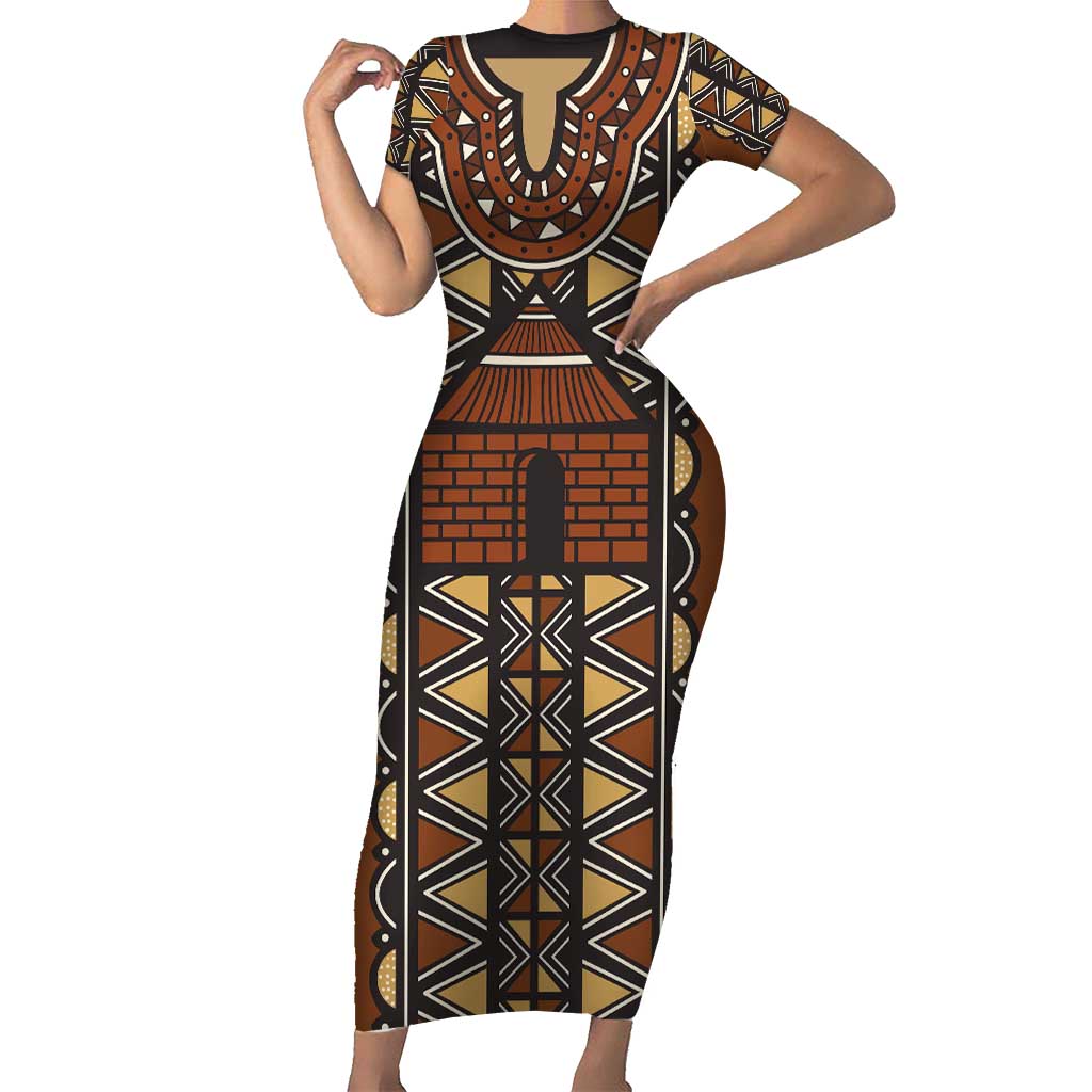 Mali Mud Cloth African Village Short Sleeve Bodycon Dress Ethnic Geometry Style - Wonder Print Shop