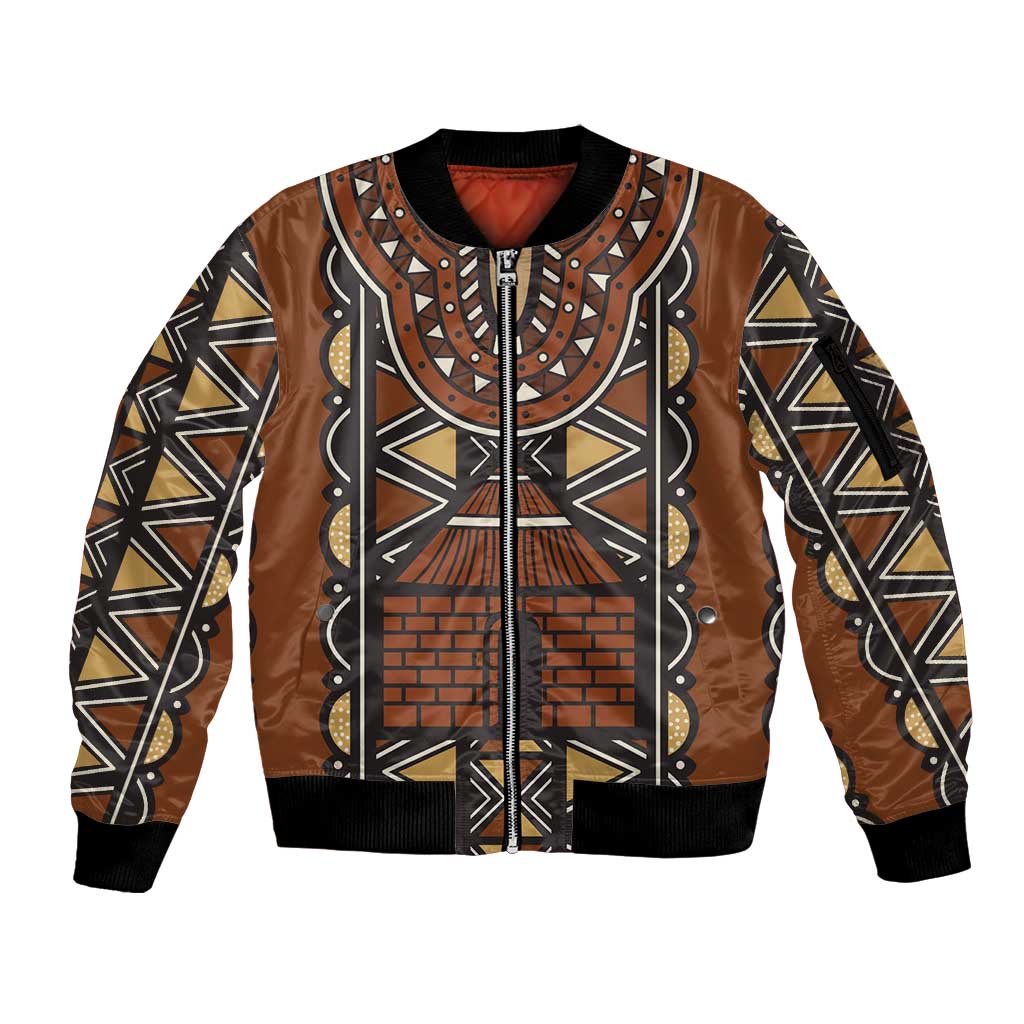 Mali Mud Cloth African Village Sleeve Zip Bomber Jacket Ethnic Geometry Style - Wonder Print Shop
