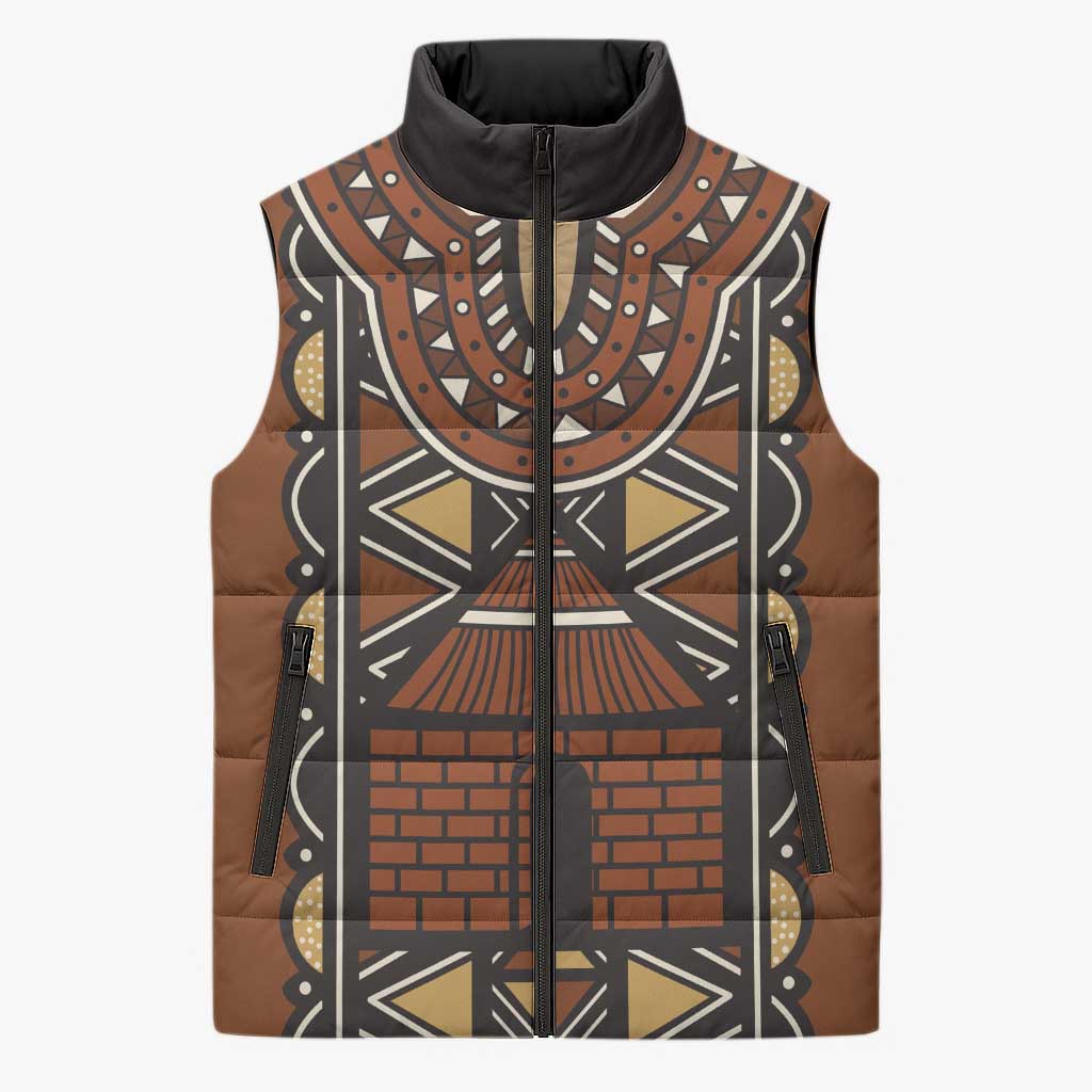 Mali Mud Cloth African Village Sleeveless Puffer Jacket Ethnic Geometry Style - Wonder Print Shop