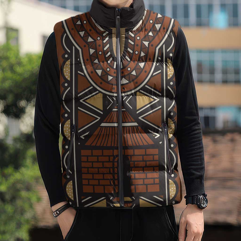 Mali Mud Cloth African Village Sleeveless Puffer Jacket Ethnic Geometry Style - Wonder Print Shop