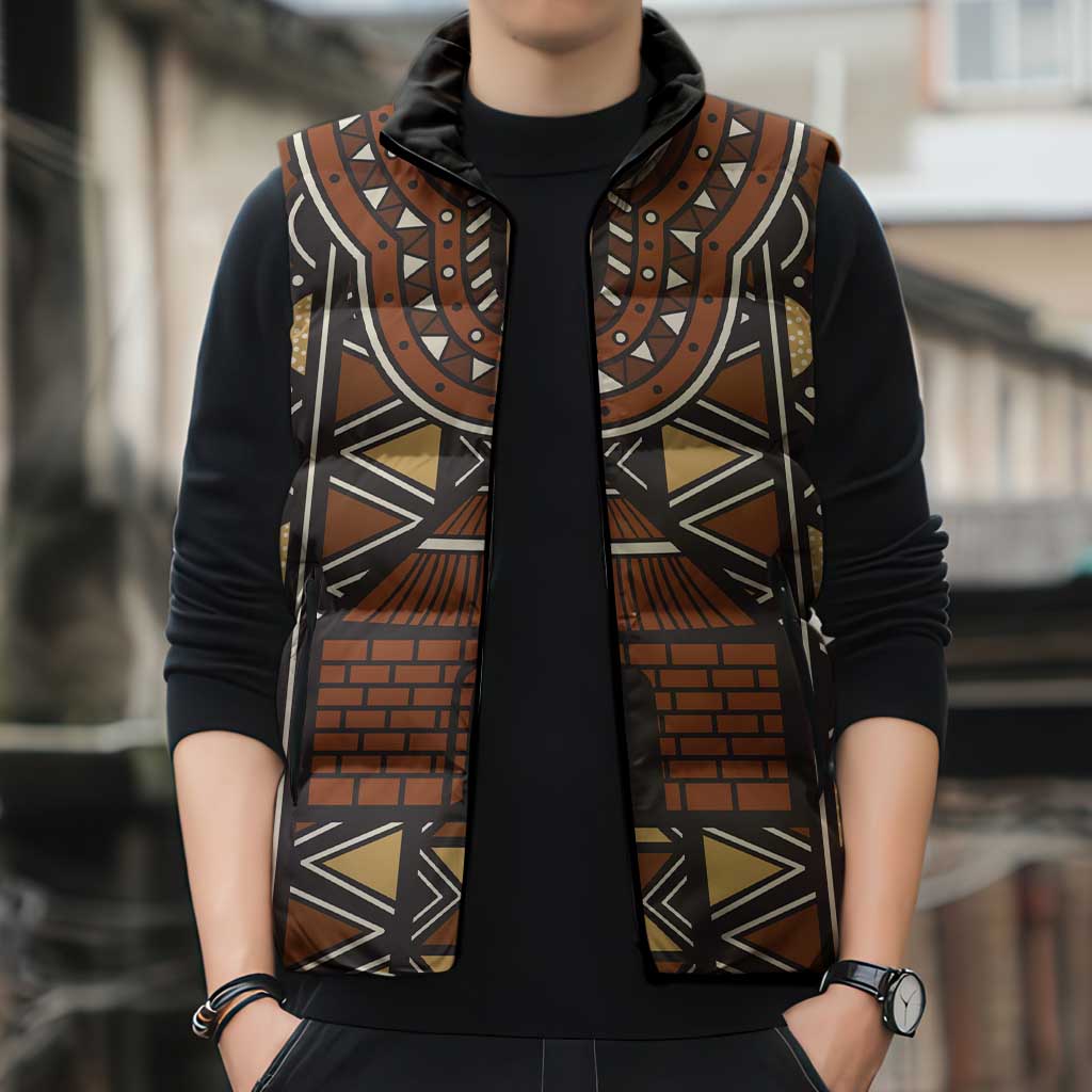 Mali Mud Cloth African Village Sleeveless Puffer Jacket Ethnic Geometry Style - Wonder Print Shop