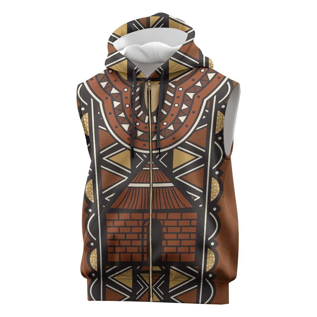 Mali Mud Cloth African Village Sleeveless Zip Hoodie Ethnic Geometry Style - Wonder Print Shop