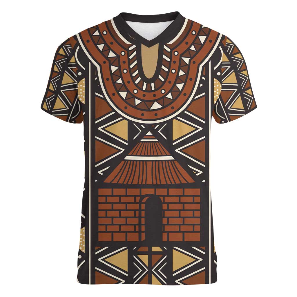 Mali Mud Cloth African Village Women V-Neck T-Shirt Ethnic Geometry Style - Wonder Print Shop