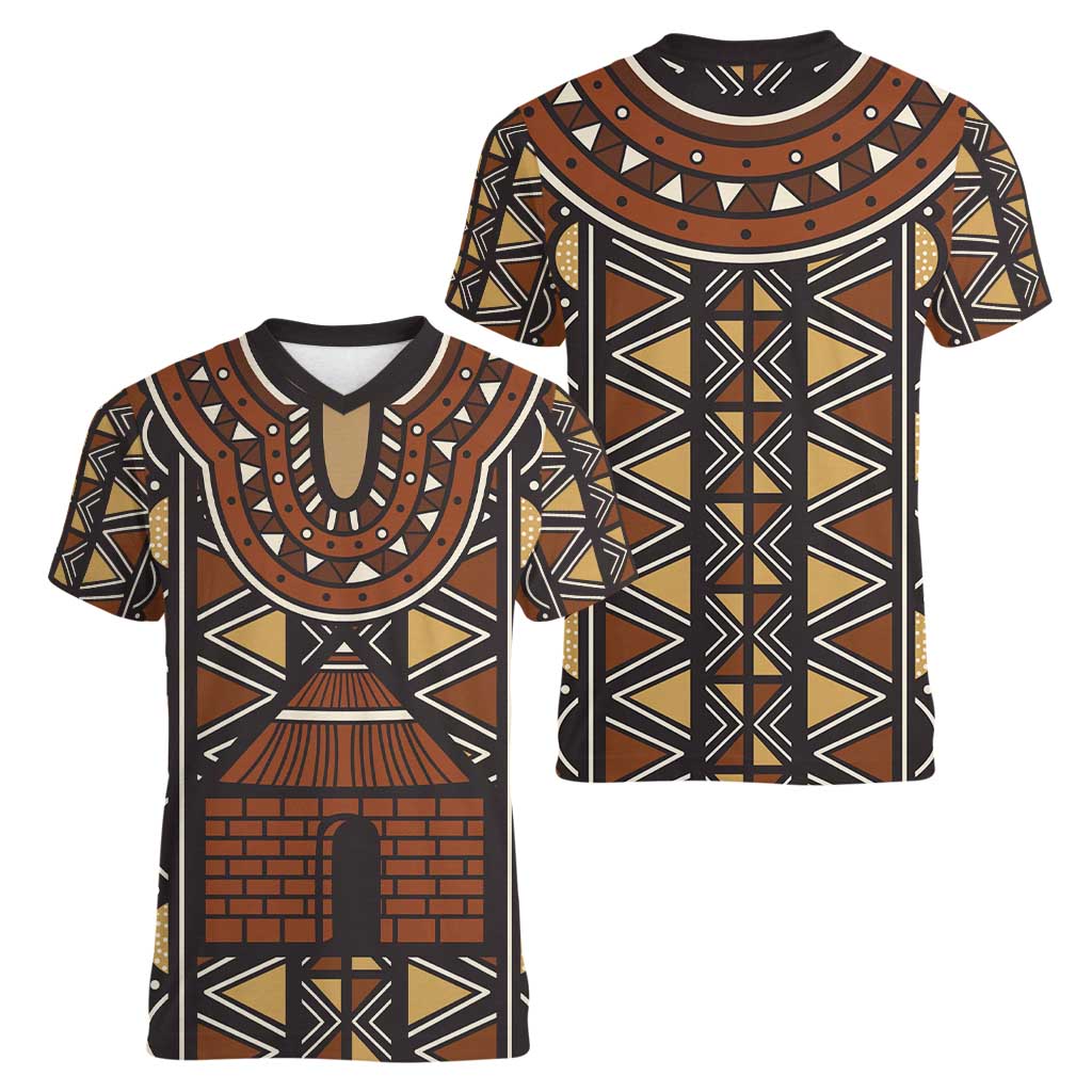 Mali Mud Cloth African Village Women V-Neck T-Shirt Ethnic Geometry Style - Wonder Print Shop