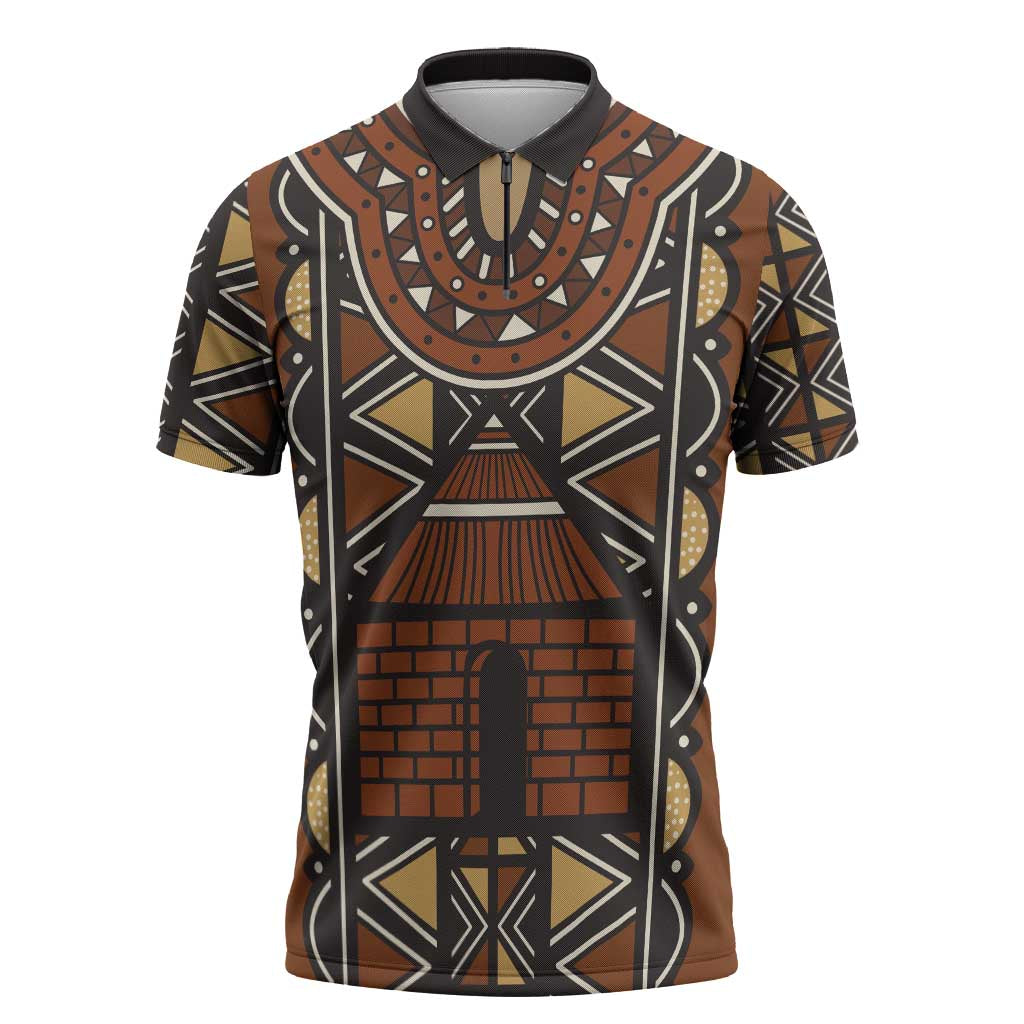 Mali Mud Cloth African Village Zipper Polo Shirt Ethnic Geometry Style - Wonder Print Shop