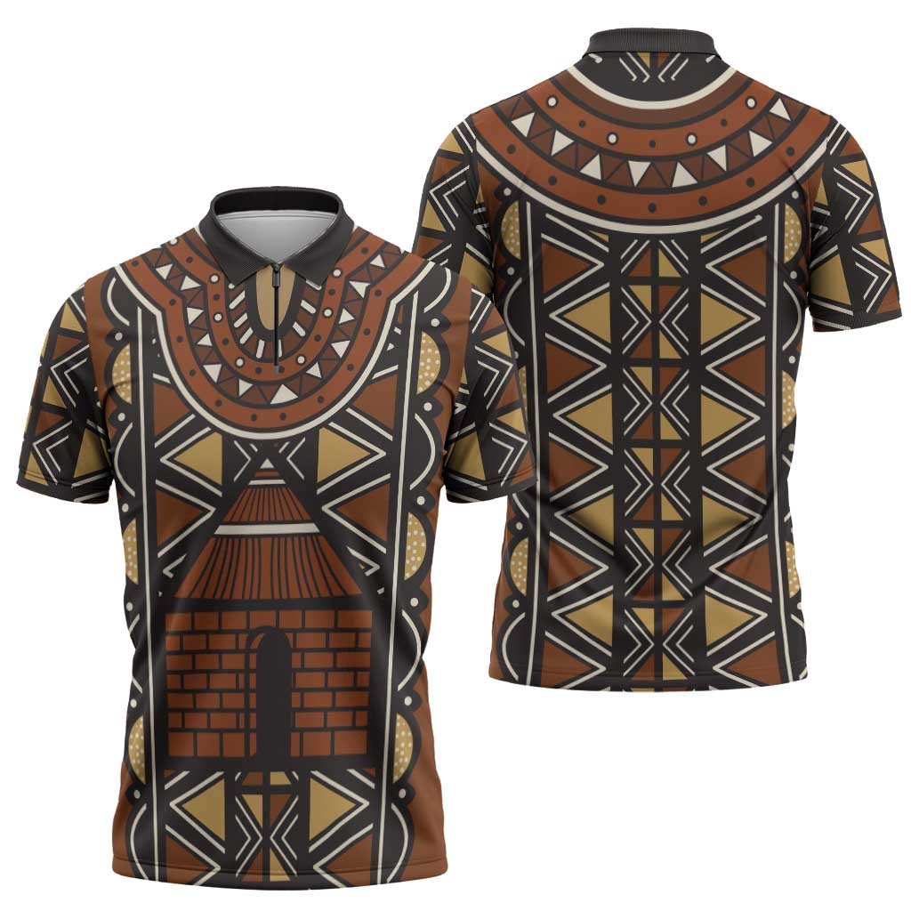 Mali Mud Cloth African Village Zipper Polo Shirt Ethnic Geometry Style - Wonder Print Shop