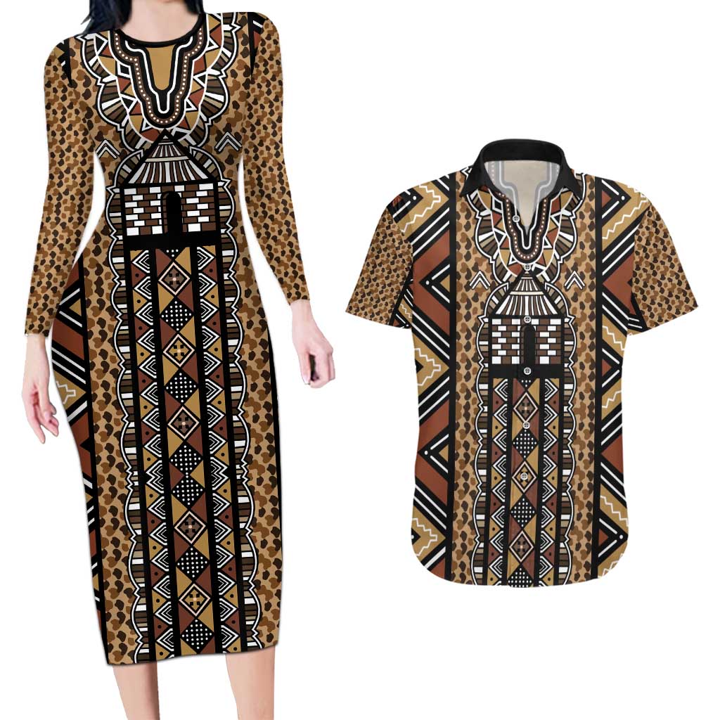 Mali Mud Cloth Leopards Legacy Couples Matching Long Sleeve Bodycon Dress and Hawaiian Shirt Tribal Village - Wonder Print Shop
