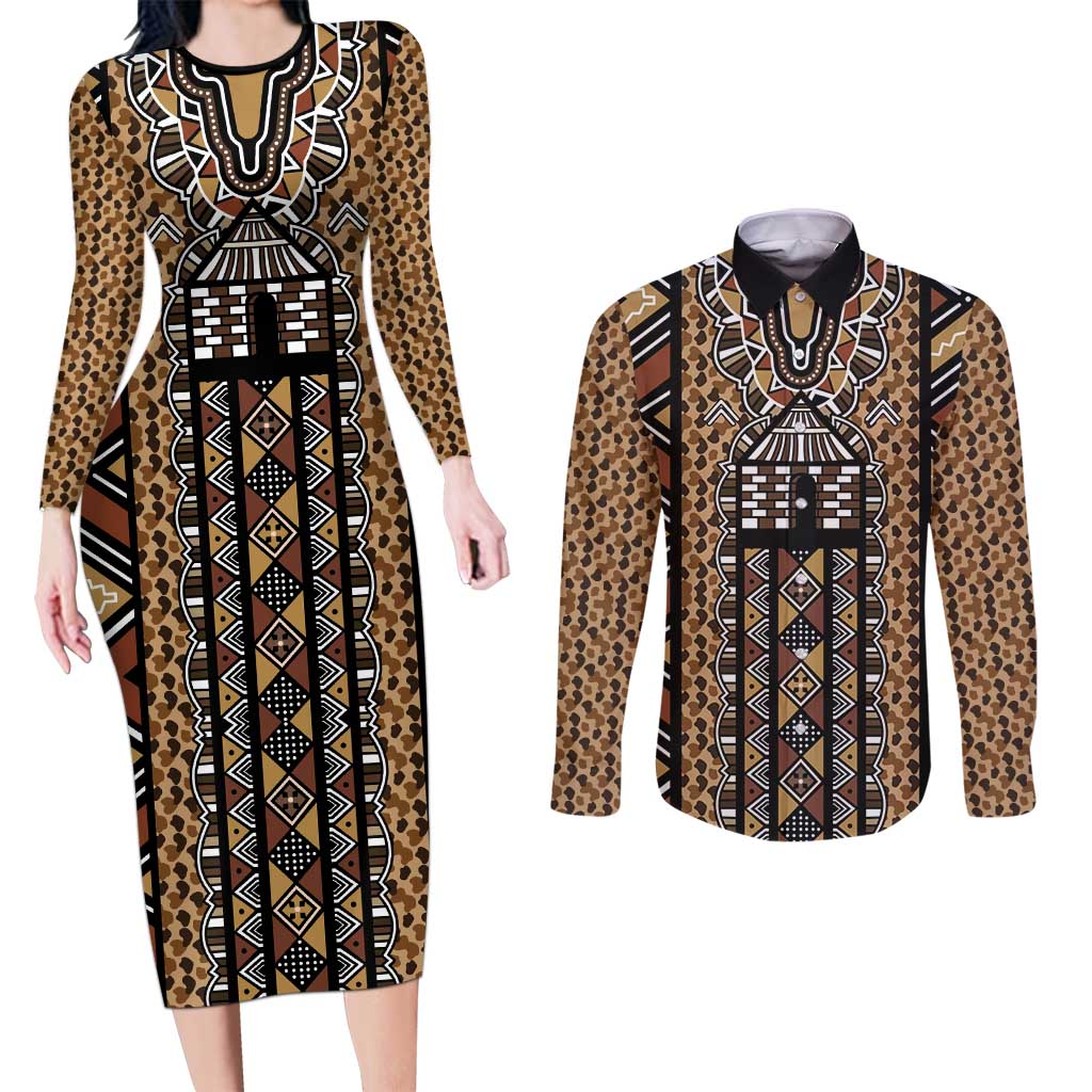 Mali Mud Cloth Leopards Legacy Couples Matching Long Sleeve Bodycon Dress and Long Sleeve Button Shirt Tribal Village - Wonder Print Shop