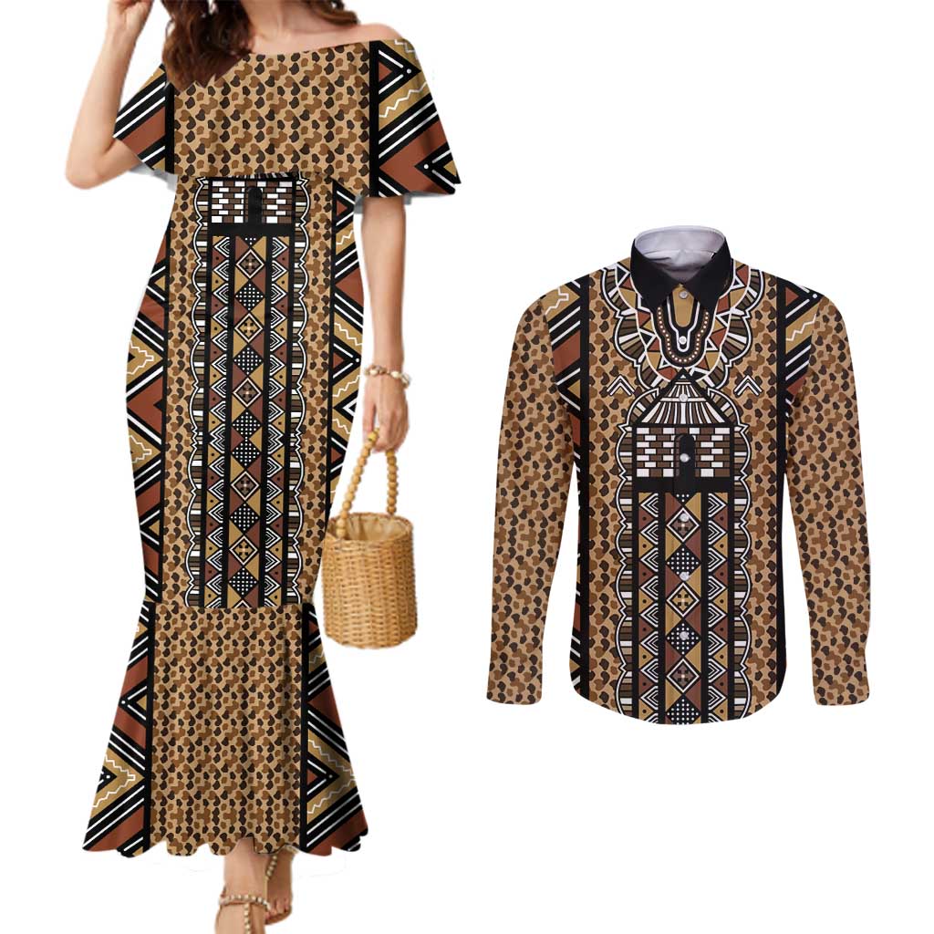 Mali Mud Cloth Leopards Legacy Couples Matching Mermaid Dress and Long Sleeve Button Shirt Tribal Village - Wonder Print Shop