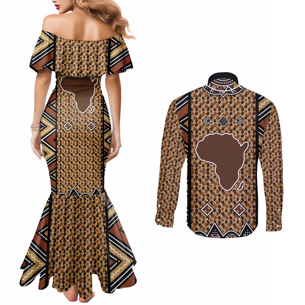 Mali Mud Cloth Leopards Legacy Couples Matching Mermaid Dress and Long Sleeve Button Shirt Tribal Village - Wonder Print Shop