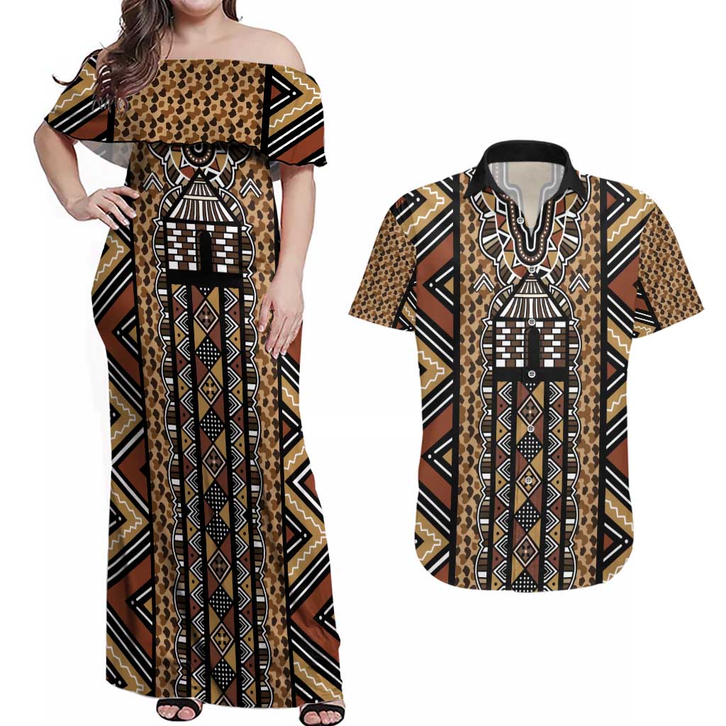 Mali Mud Cloth Leopards Legacy Couples Matching Off Shoulder Maxi Dress and Hawaiian Shirt Tribal Village - Wonder Print Shop