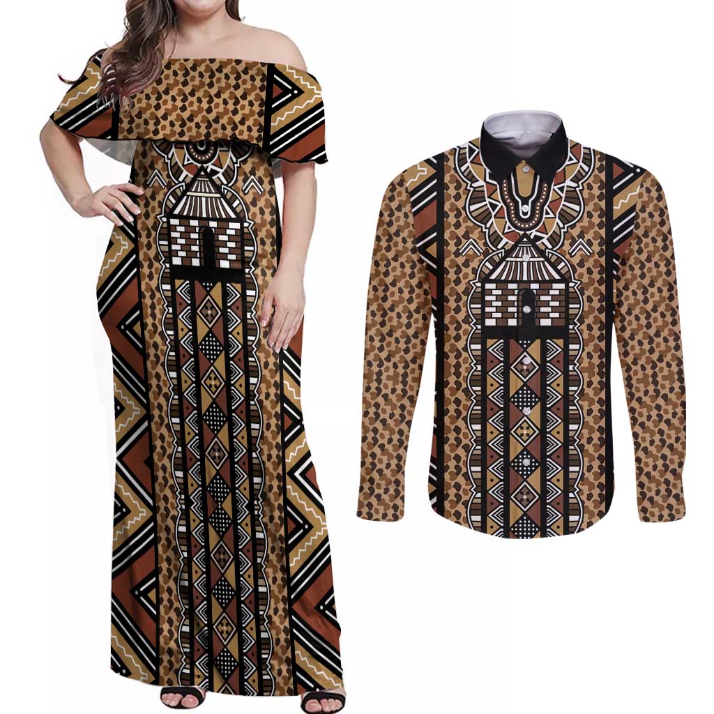 Mali Mud Cloth Leopards Legacy Couples Matching Off Shoulder Maxi Dress and Long Sleeve Button Shirt Tribal Village - Wonder Print Shop