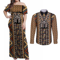 Mali Mud Cloth Leopards Legacy Couples Matching Off Shoulder Maxi Dress and Long Sleeve Button Shirt Tribal Village - Wonder Print Shop
