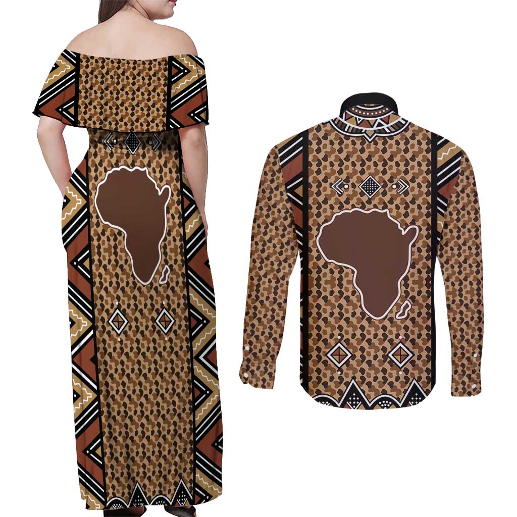 Mali Mud Cloth Leopards Legacy Couples Matching Off Shoulder Maxi Dress and Long Sleeve Button Shirt Tribal Village - Wonder Print Shop