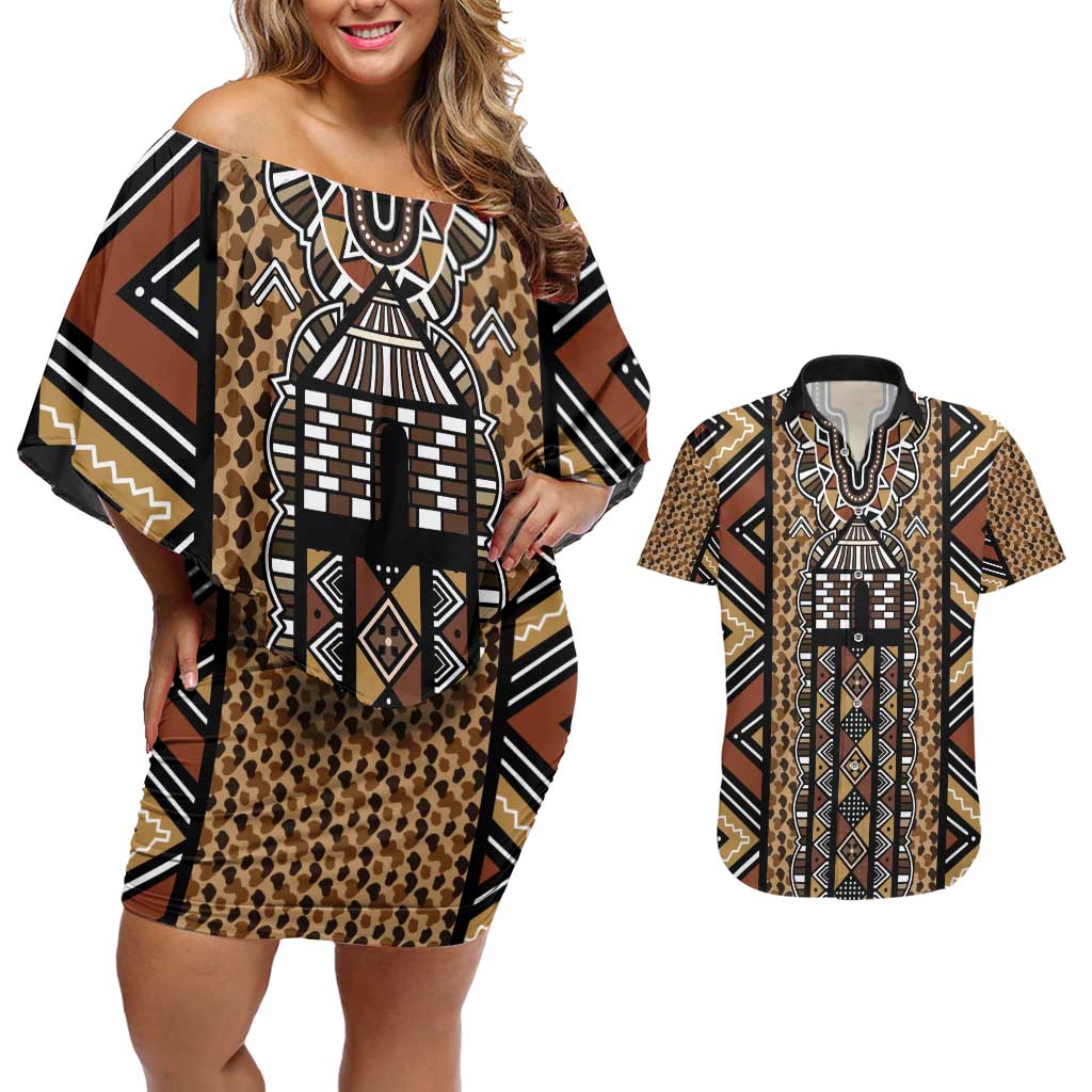 Mali Mud Cloth Leopards Legacy Couples Matching Off Shoulder Short Dress and Hawaiian Shirt Tribal Village - Wonder Print Shop