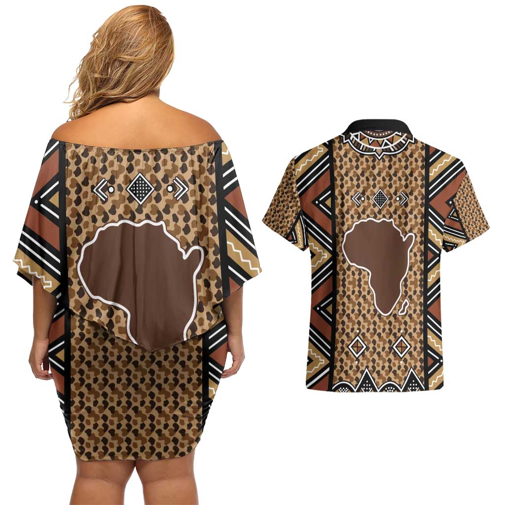 Mali Mud Cloth Leopards Legacy Couples Matching Off Shoulder Short Dress and Hawaiian Shirt Tribal Village - Wonder Print Shop