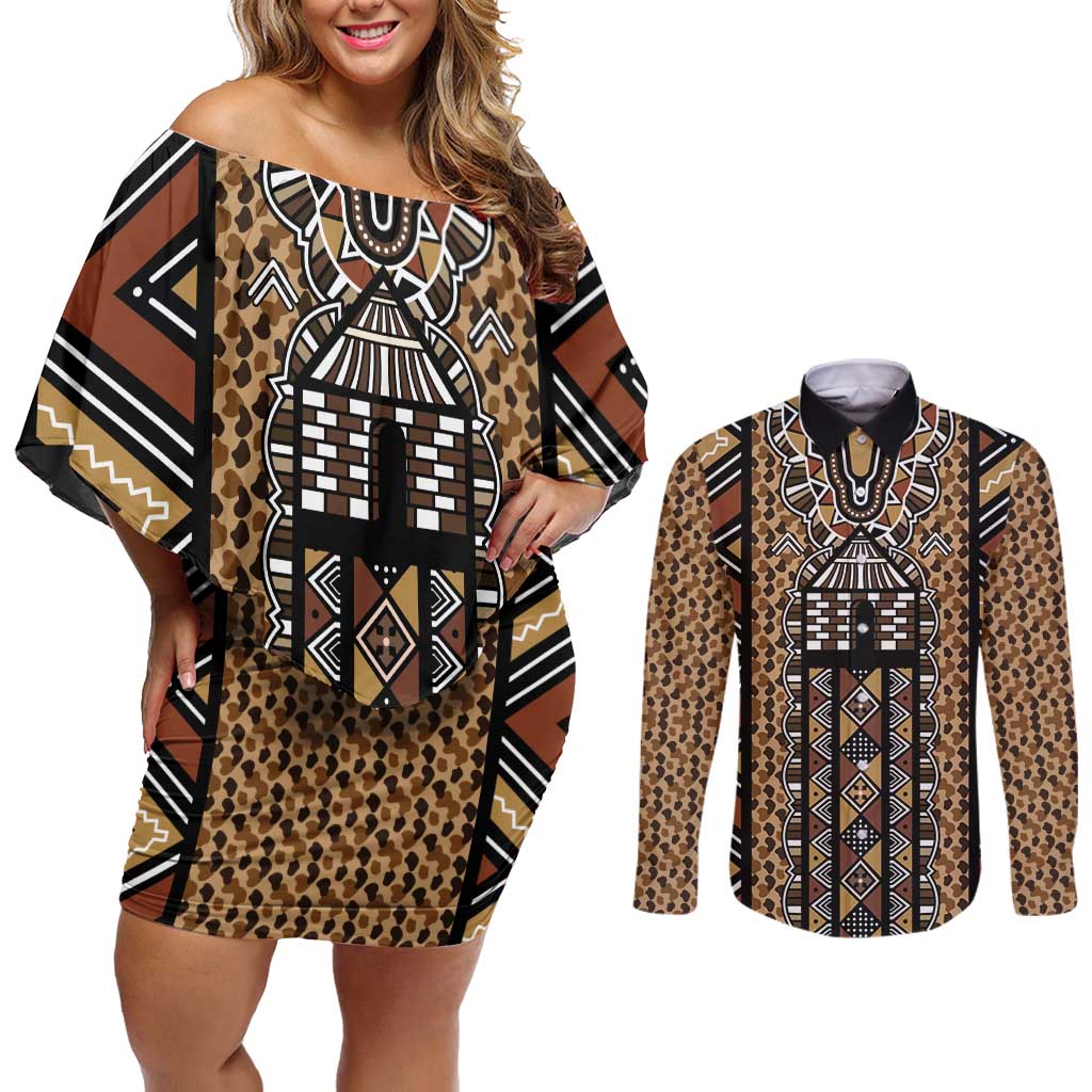 Mali Mud Cloth Leopards Legacy Couples Matching Off Shoulder Short Dress and Long Sleeve Button Shirt Tribal Village - Wonder Print Shop
