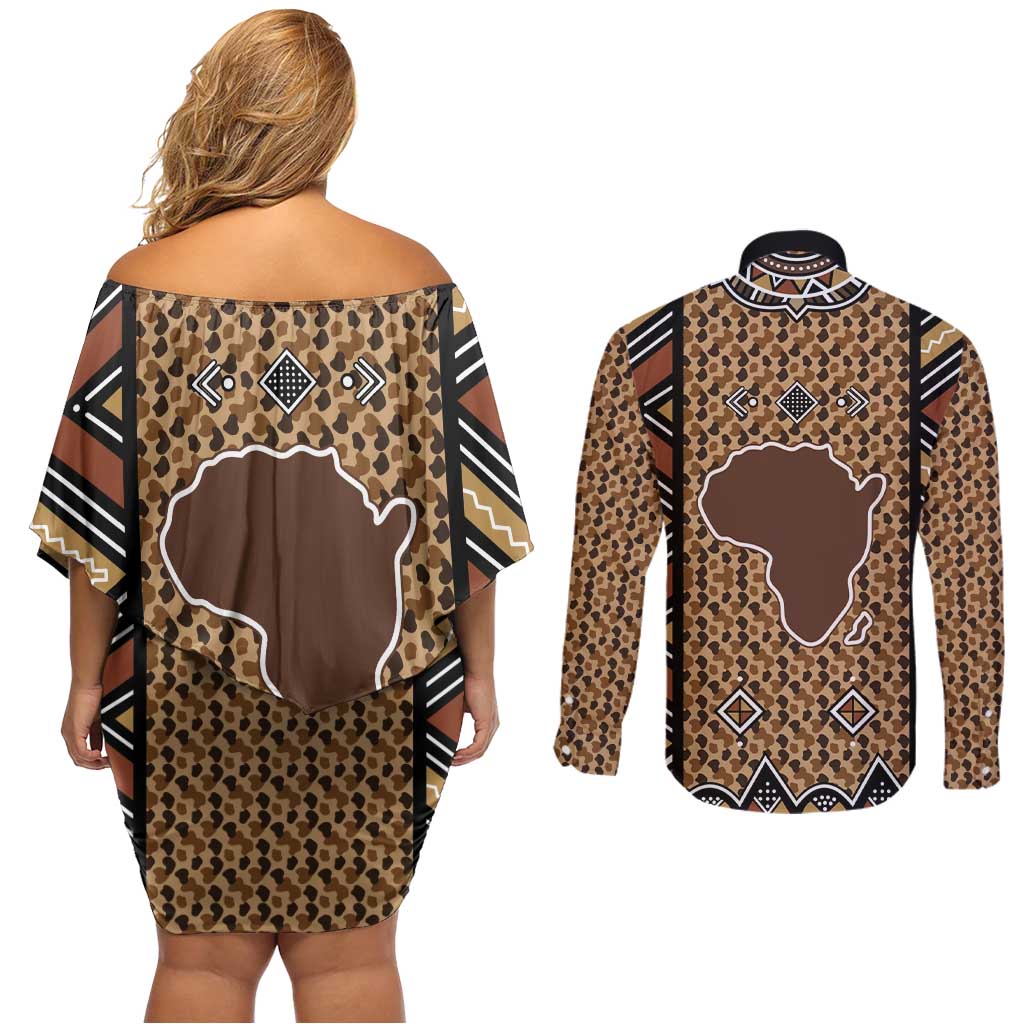 Mali Mud Cloth Leopards Legacy Couples Matching Off Shoulder Short Dress and Long Sleeve Button Shirt Tribal Village - Wonder Print Shop