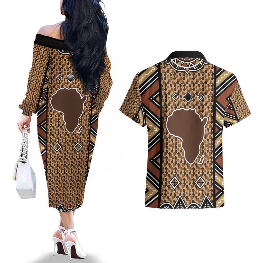 Mali Mud Cloth Leopards Legacy Couples Matching Off The Shoulder Long Sleeve Dress and Hawaiian Shirt Tribal Village - Wonder Print Shop