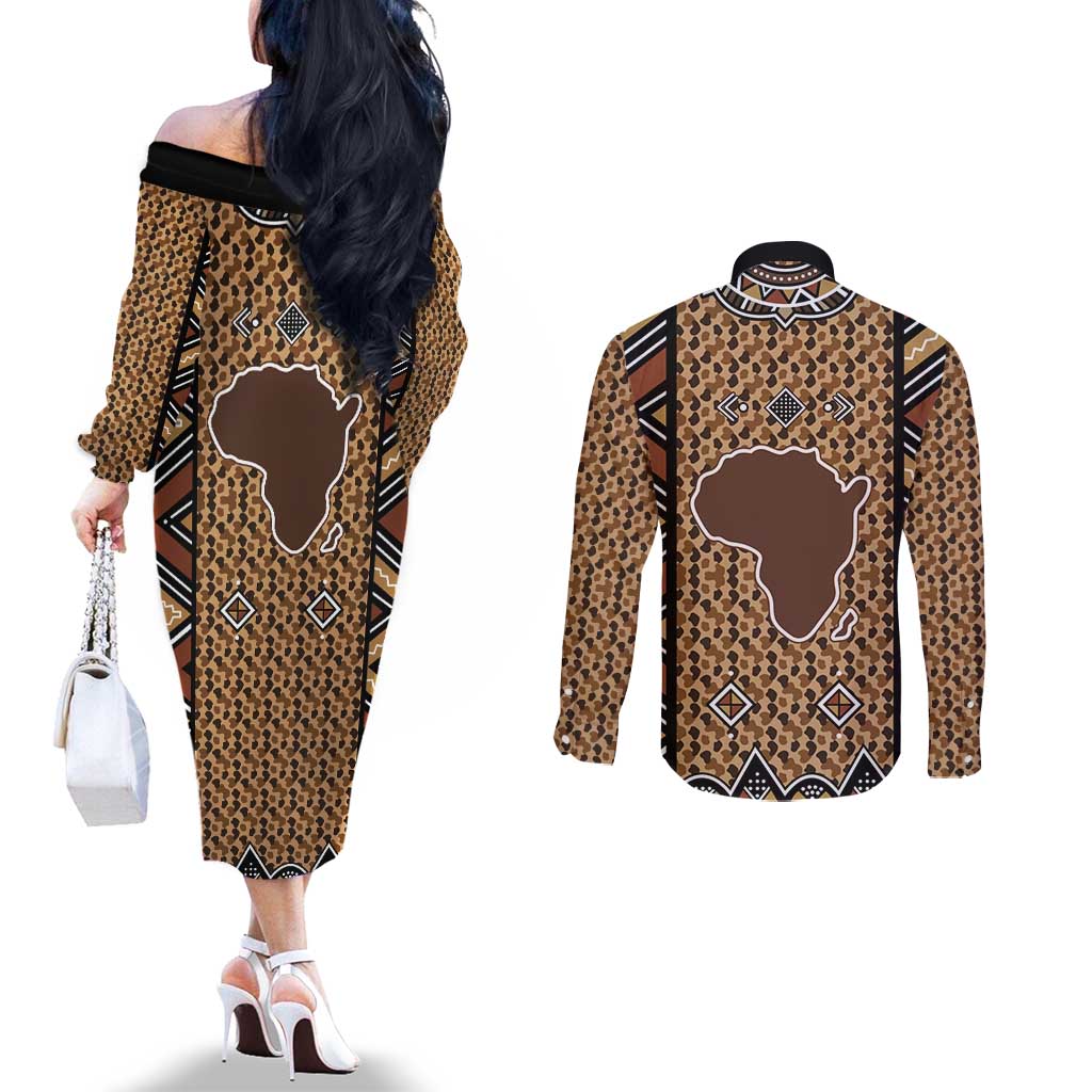 Mali Mud Cloth Leopards Legacy Couples Matching Off The Shoulder Long Sleeve Dress and Long Sleeve Button Shirt Tribal Village - Wonder Print Shop