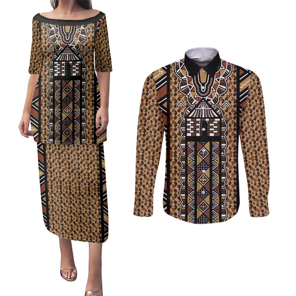 Mali Mud Cloth Leopards Legacy Couples Matching Puletasi and Long Sleeve Button Shirt Tribal Village - Wonder Print Shop