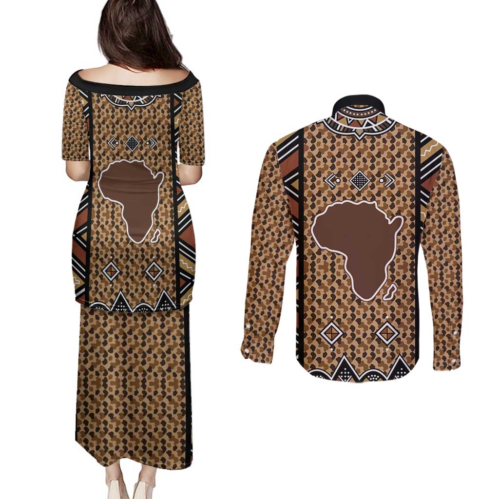 Mali Mud Cloth Leopards Legacy Couples Matching Puletasi and Long Sleeve Button Shirt Tribal Village - Wonder Print Shop