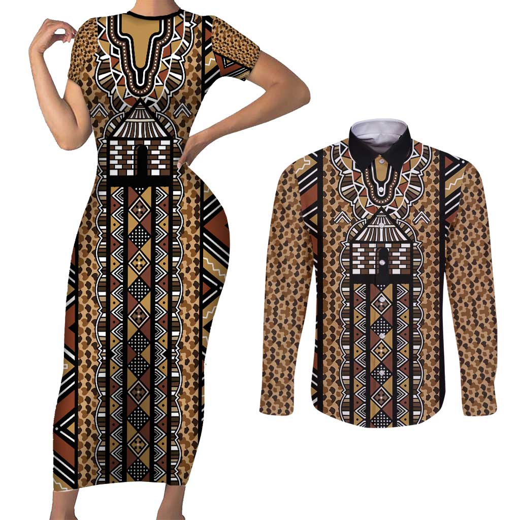Mali Mud Cloth Leopards Legacy Couples Matching Short Sleeve Bodycon Dress and Long Sleeve Button Shirt Tribal Village - Wonder Print Shop