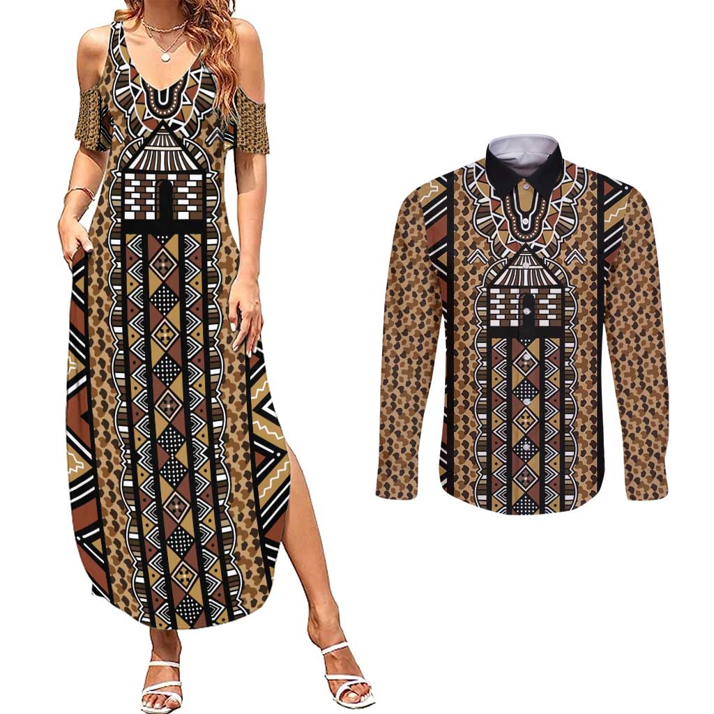 Mali Mud Cloth Leopards Legacy Couples Matching Summer Maxi Dress and Long Sleeve Button Shirt Tribal Village - Wonder Print Shop
