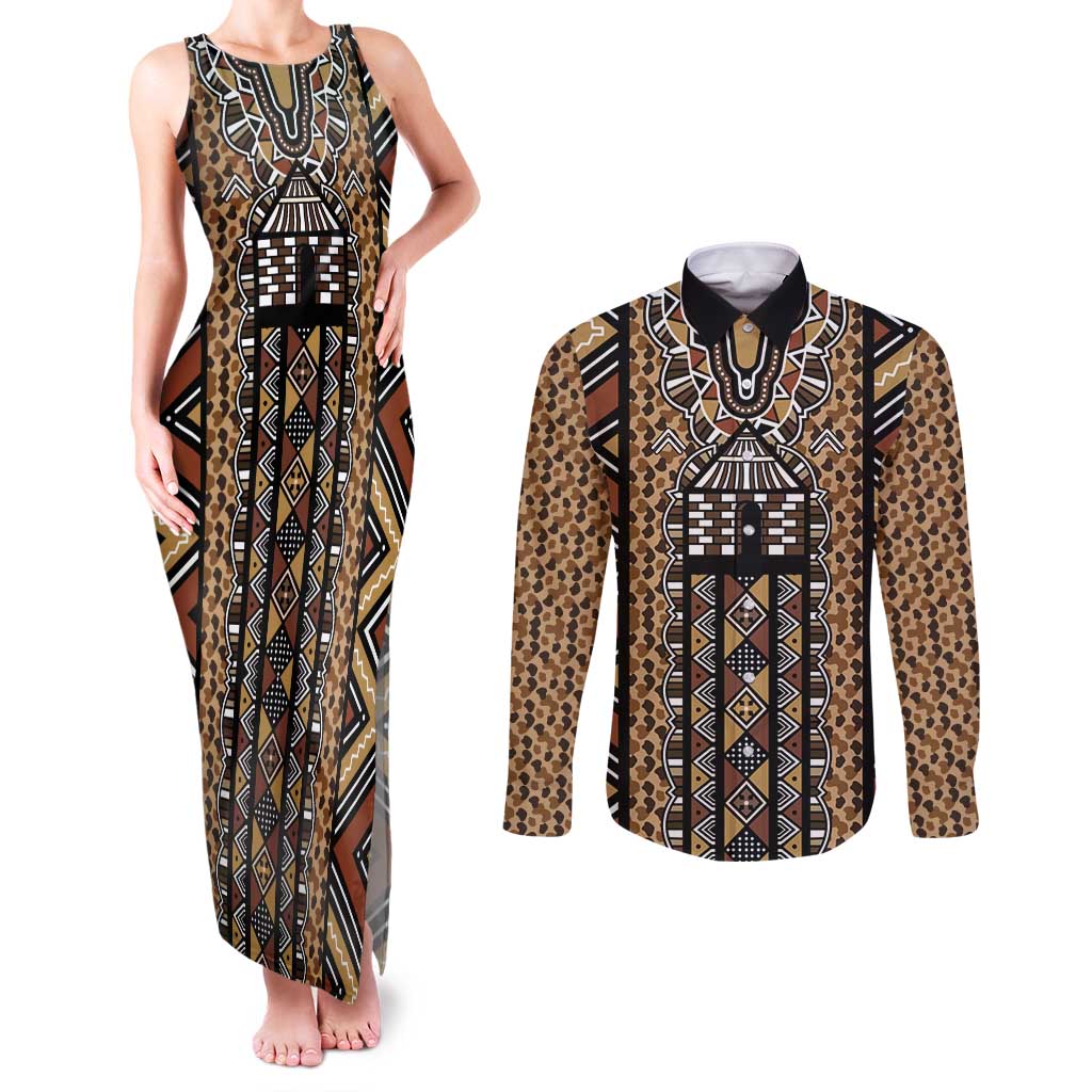 Mali Mud Cloth Leopards Legacy Couples Matching Tank Maxi Dress and Long Sleeve Button Shirt Tribal Village - Wonder Print Shop