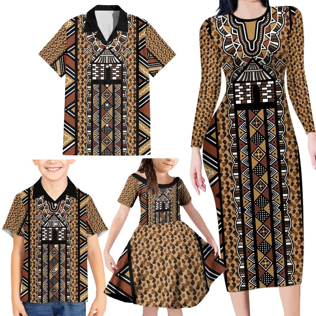 Mali Mud Cloth Leopards Legacy Family Matching Long Sleeve Bodycon Dress and Hawaiian Shirt Tribal Village - Wonder Print Shop