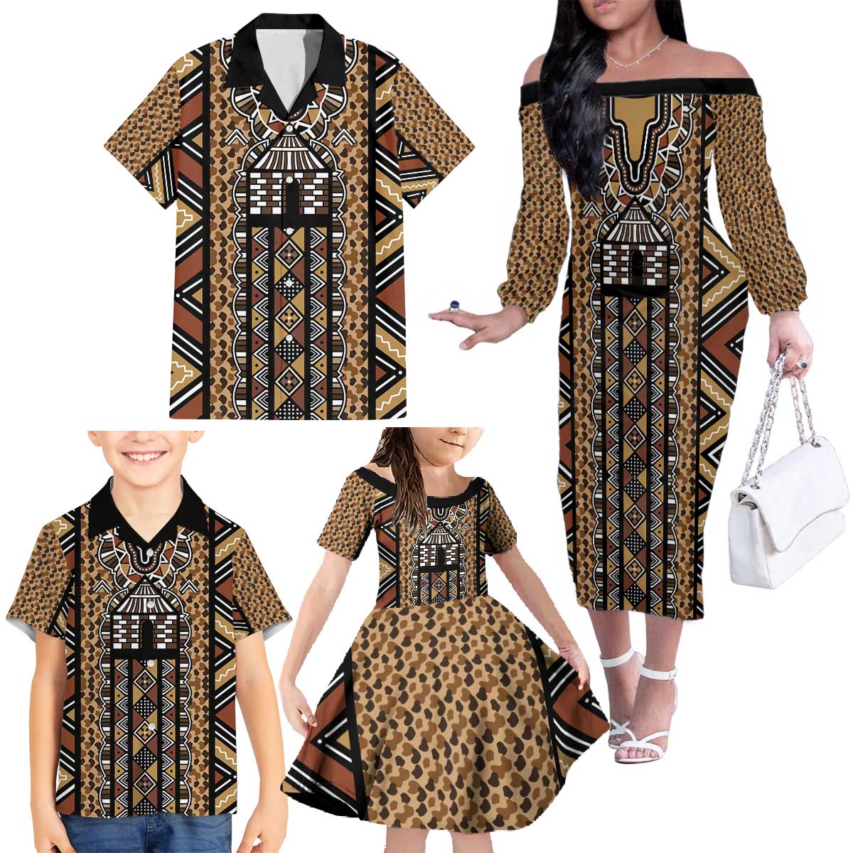 Mali Mud Cloth Leopards Legacy Family Matching Off The Shoulder Long Sleeve Dress and Hawaiian Shirt Tribal Village - Wonder Print Shop