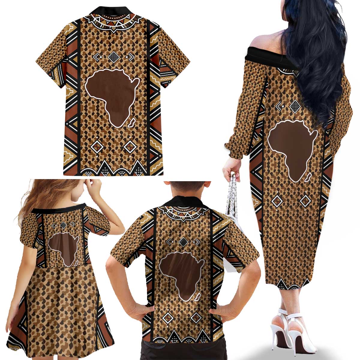 Mali Mud Cloth Leopards Legacy Family Matching Off The Shoulder Long Sleeve Dress and Hawaiian Shirt Tribal Village - Wonder Print Shop