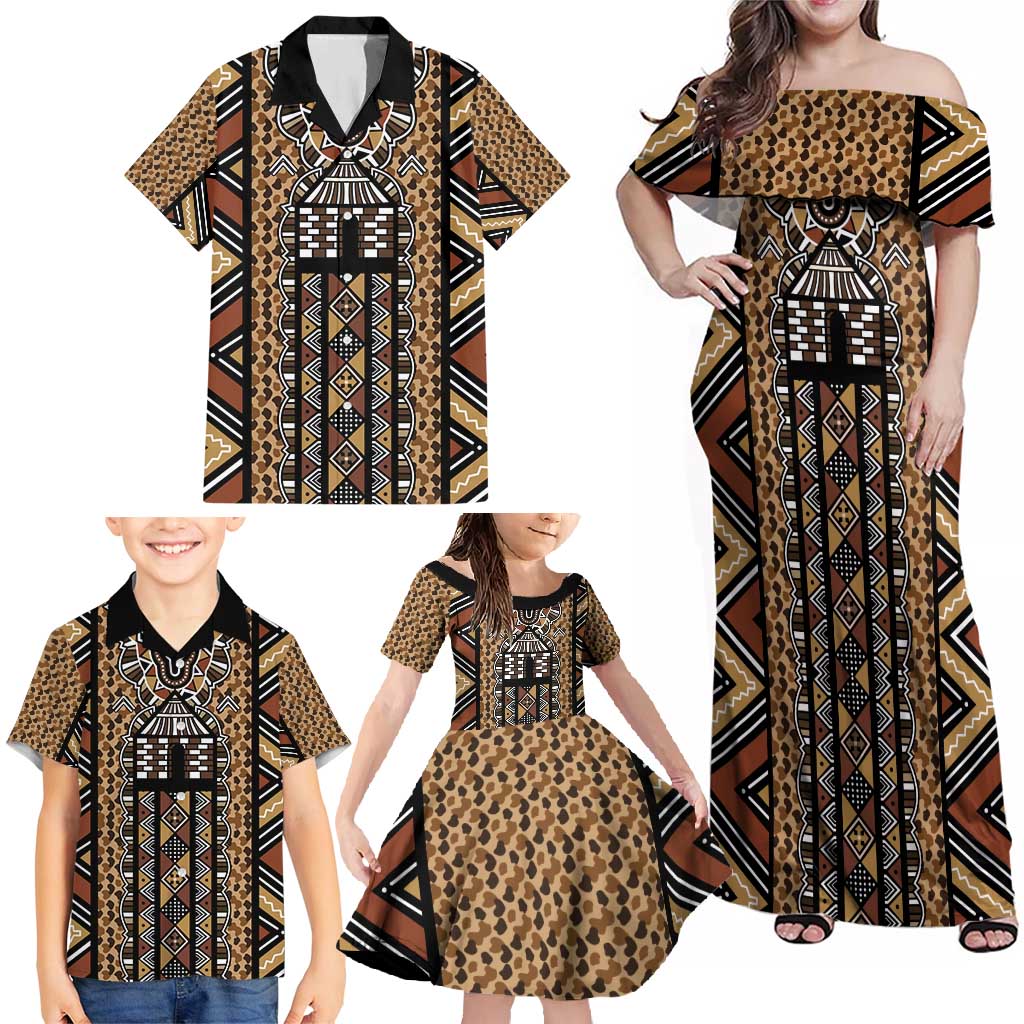 Mali Mud Cloth Leopards Legacy Family Matching Off Shoulder Maxi Dress and Hawaiian Shirt Tribal Village - Wonder Print Shop