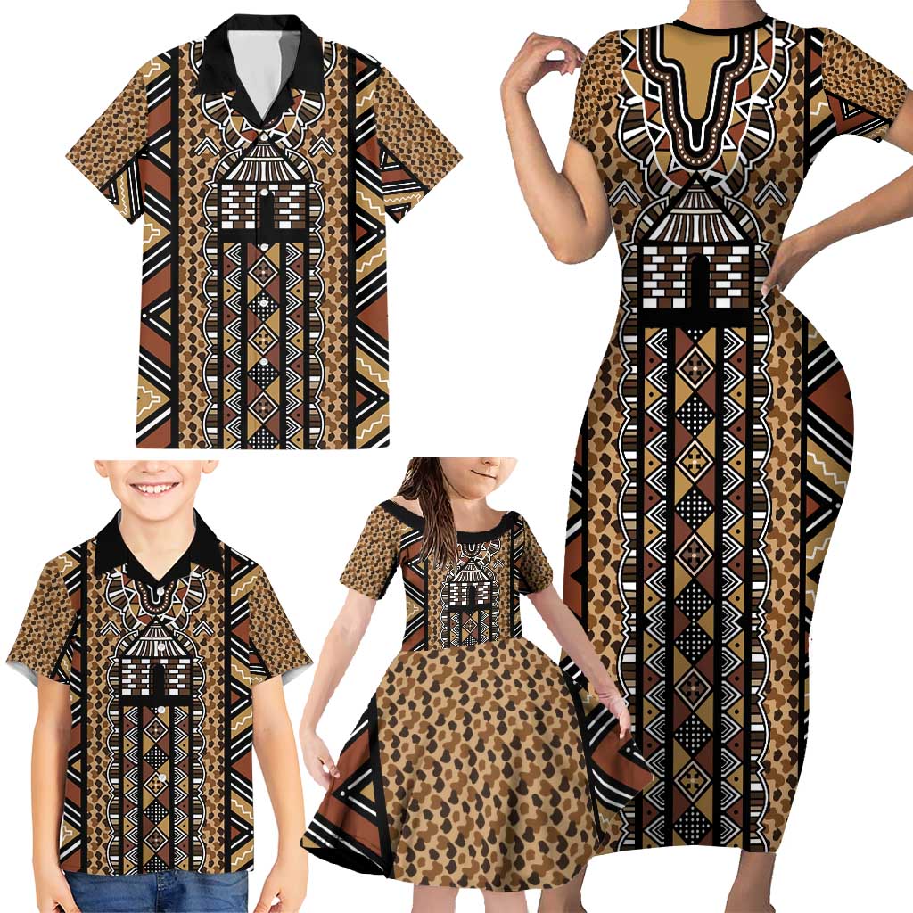 Mali Mud Cloth Leopards Legacy Family Matching Short Sleeve Bodycon Dress and Hawaiian Shirt Tribal Village - Wonder Print Shop